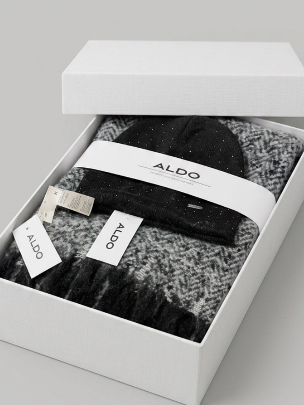 ALDO Black & Gray Knit Beanie and Fringe Scarf Duo